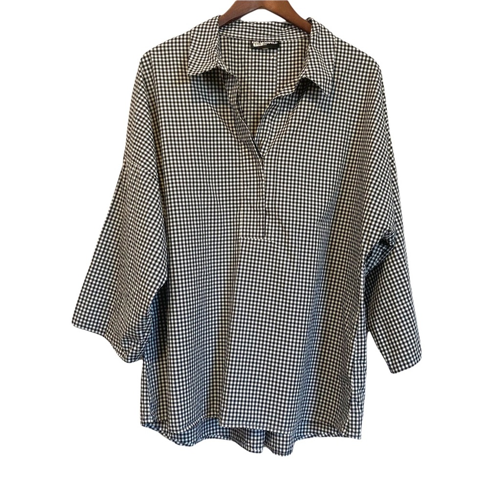 KARL LAGERFELD BLACK AND WHITE GINGHAM V-NECK BLOUSE WITH DOLMAN SLEEVES